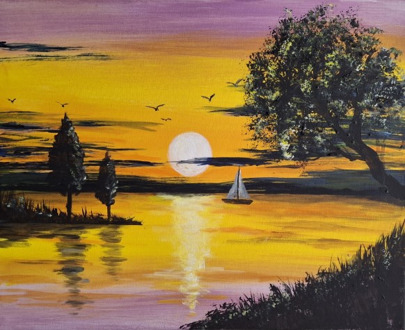 Sonnenuntergang am See mit Boot- 100